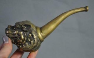 Old Chinese Bronze Fengshui Foo Dog Lion Head Tobacco Bag Pipe Smoking Tools C01