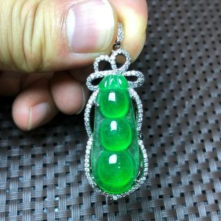 Chinese Rare Handwork S925 Silver & Green Jadeite Jade Fortune Beans Pendant