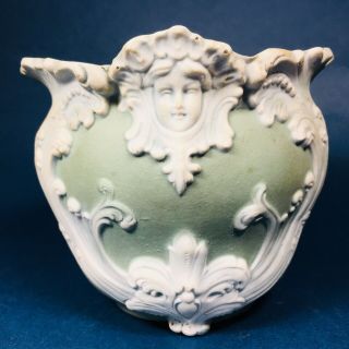 Antique Green To White German Jasperware Porcelain Vase Planter Art Nouveau