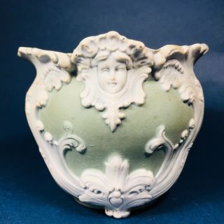 Antique Green to White German Jasperware Porcelain Vase Planter Art Nouveau 2