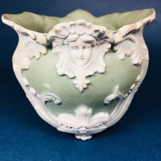 Antique Green to White German Jasperware Porcelain Vase Planter Art Nouveau 3