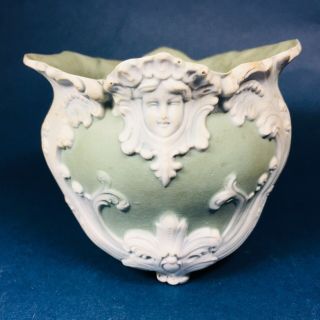 Antique Green to White German Jasperware Porcelain Vase Planter Art Nouveau 5