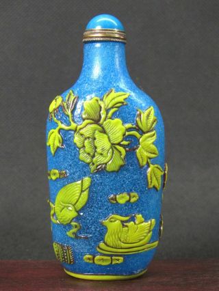 Chinese Mandarin Duck Flower Bird Carved Peking Overlay Glass Snuff Bottle