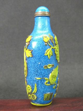 Chinese Mandarin Duck Flower Bird Carved Peking Overlay Glass Snuff Bottle 3