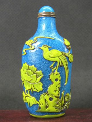 Chinese Mandarin Duck Flower Bird Carved Peking Overlay Glass Snuff Bottle 4
