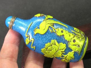 Chinese Mandarin Duck Flower Bird Carved Peking Overlay Glass Snuff Bottle 5