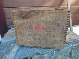 Vintage Wood Wooden Crate Box Dupont Explosives Red Cross Dovetail