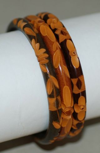 Three Vintage Two - Tone Floral Carved Bakelite Bangles Or Bracelets