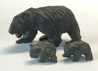 Vintage Hand Carved Wood Black Forest Bear & Cubs Figurine Glass Eyes Folk Art