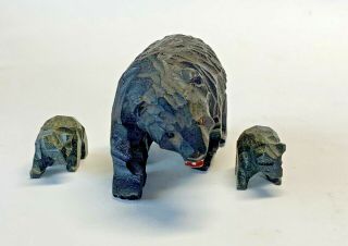 Vintage Hand Carved Wood Black Forest Bear & Cubs Figurine Glass Eyes Folk Art 2