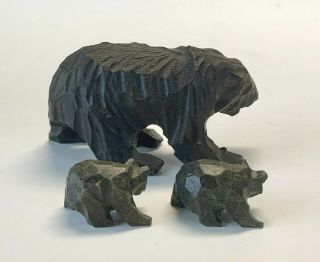Vintage Hand Carved Wood Black Forest Bear & Cubs Figurine Glass Eyes Folk Art 3
