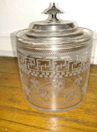 Antique Victorian Glass Etched Crystal Biscuit Cookie Candy Jar Silver Plate Lid