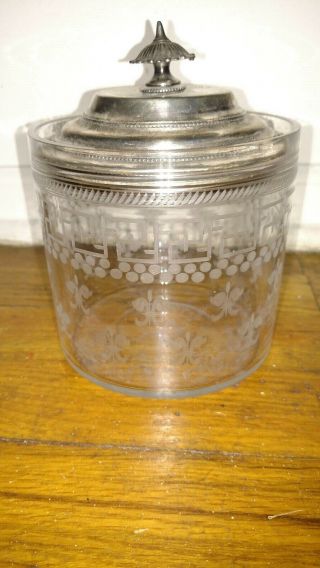 antique Victorian glass etched crystal biscuit cookie candy jar silver plate lid 2