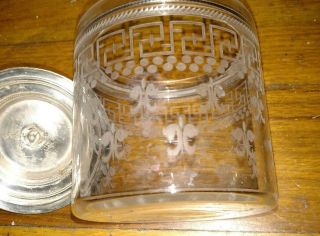 antique Victorian glass etched crystal biscuit cookie candy jar silver plate lid 5