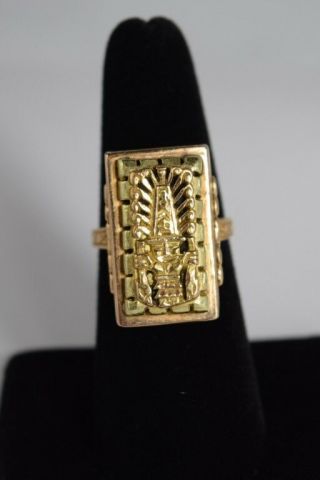 18k Tri - Color Gold Signed Figural Aztec Mayan Incan Deity Ring