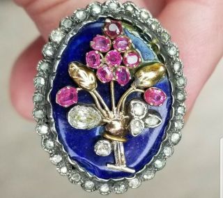 Antique Brooch Made Into Ring With Rubies & Diamonds