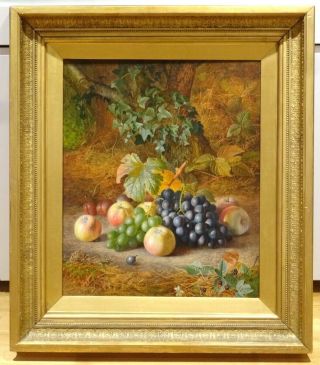 Large 19th Century English Fruit Still Life Apples Plums Grapes Mossy Bank