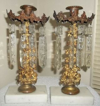 Antique Pair Gold Gilt Metal Angels Cupids Candelabra Dangling Crystals Marble B