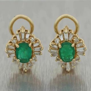 Vintage Estate 14k Yellow Gold 2.  50ctw Emerald Diamond Clip On Earrings