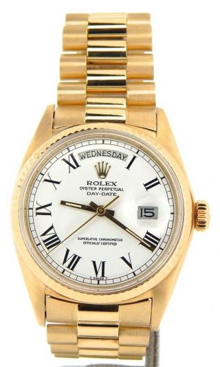 Mens Rolex Day - Date President Solid 18k Yellow Gold Watch White Black Roman 1803
