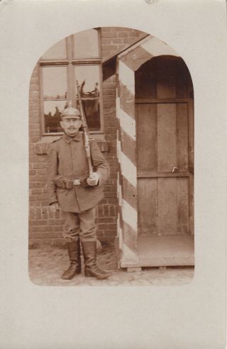 Wwi Rppc Photo German Soldier In Spiked Helmet W Rifle At Sentry Box 25