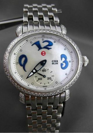Large 1.  40ct Diamond Michele Csx Blue Stainless Steel Oval Watch & Box 24120