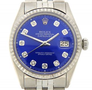 Rolex Datejust Mens Stainless Steel Watch With Submariner Blue Diamond Dial 1603