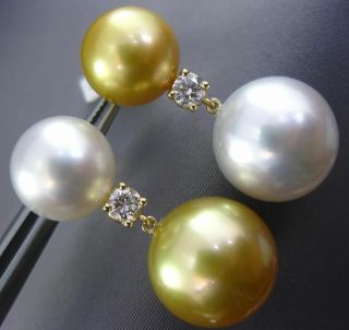 Large.  40ct Diamond & White & Golden Pearl 18kt Yellow Gold 3d Hanging Earrings