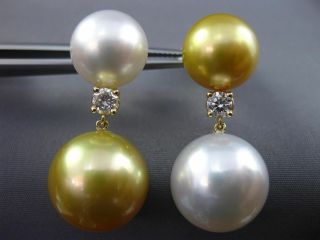 LARGE.  40CT DIAMOND & WHITE & GOLDEN PEARL 18KT YELLOW GOLD 3D HANGING EARRINGS 2