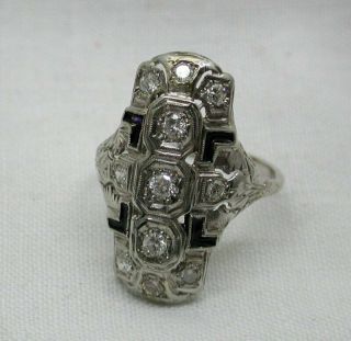 Fabulous Art Deco Large 14ct White Gold Diamond And Enamel Dress Ring Size M