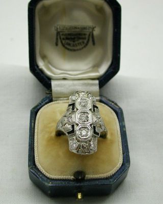 Fabulous Art Deco Large 14ct White Gold Diamond And Enamel Dress Ring Size M 2