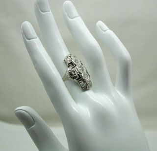 Fabulous Art Deco Large 14ct White Gold Diamond And Enamel Dress Ring Size M 4