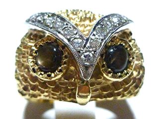 Heavy Ornate Vintage 14k Yellow Gold Diamond & Black Star Eyes Owl Ring Size 6.  5