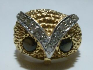 HEAVY ORNATE VINTAGE 14K YELLOW GOLD DIAMOND & BLACK STAR EYES OWL RING SIZE 6.  5 2