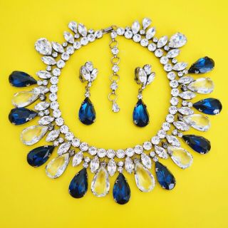 Vintage Schreiner York Blue & Clear Crystal Necklace Earrings Set Stunning
