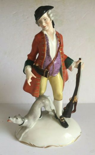 Antique Dresden German Porcelain Figurine 18thc Man With Rifle Greyhound 10.  5 "