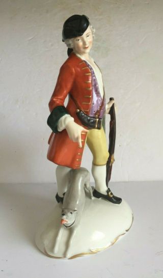 Antique Dresden German Porcelain Figurine 18thC Man with Rifle Greyhound 10.  5 