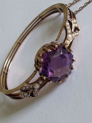 Quality Victorian 9ct Gold Natural Amethyst & Seed Pearl Set Bangle