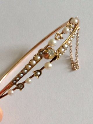 Fine Victorian 15ct Gold Seed Pearl & Diamond Set Bangle