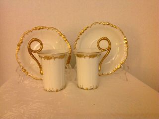 2 Antique Jean Pouyat Limoges France Chocolate Cups And Saucers 1891 - 1932