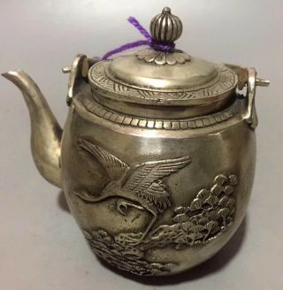 Handwork Old Collectable Miao Silver Carve Crane Pine Tree Chinese Tibet Teapot