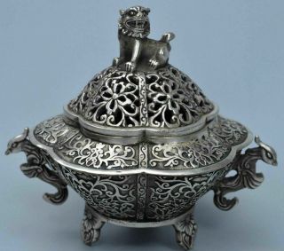 Exorcism Old Collectable Miao Silver Carve Lion Phoenix Precious Incense Burners