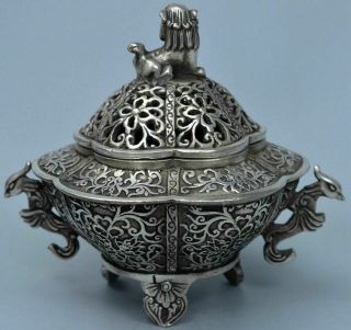 Exorcism Old Collectable Miao Silver Carve Lion Phoenix Precious Incense Burners 3