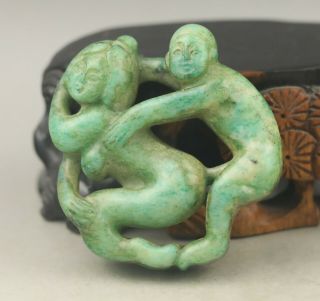 Old Chinese natura jade hand - carved man and woman pendant 2