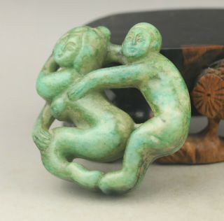 Old Chinese natura jade hand - carved man and woman pendant 3