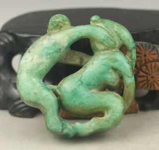 Old Chinese natura jade hand - carved man and woman pendant 4
