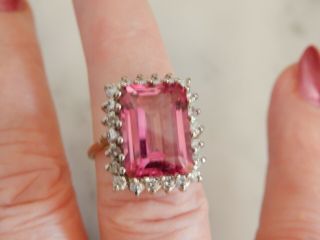 A Fabulous 9 Ct Gold Step Cut 10.  00 Carat Pink Gemstone And Diamond Ring