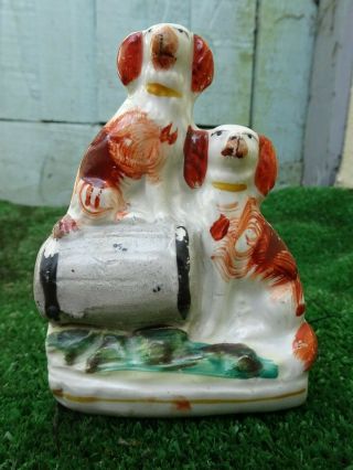 Mid 19thc Staffordshire Russet Red & White Spaniel Dogs & Barrel C1860s