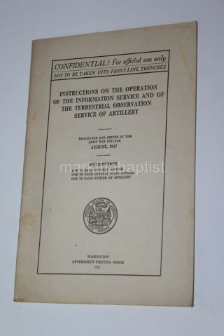 1917 Wwi Terrestrial Observation Service Of Artillery Confidential War Army Book