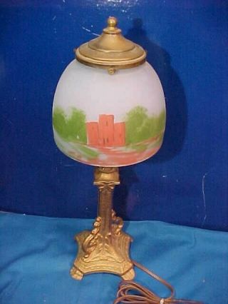 1920s Art Deco Era Boudoir Table Lamp W Reverse Painted Glass Dome Shade